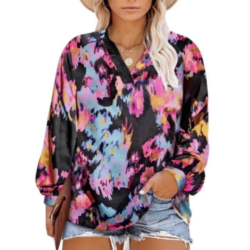 Dokotoo Womens Boho Top Size M Long Puff Sleeve Floral V-Neck Flowy Satin NWT
